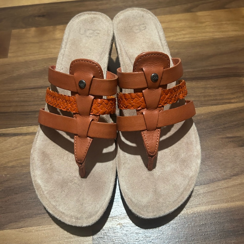 UGG Tan Braided Leather Thong Sandals